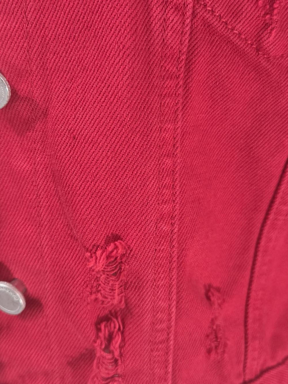 BLANKNYC Denim Jacket M Red Cropped Distressed Puff Sleeve Edgy Grunge Rocker - Picture 15 of 15